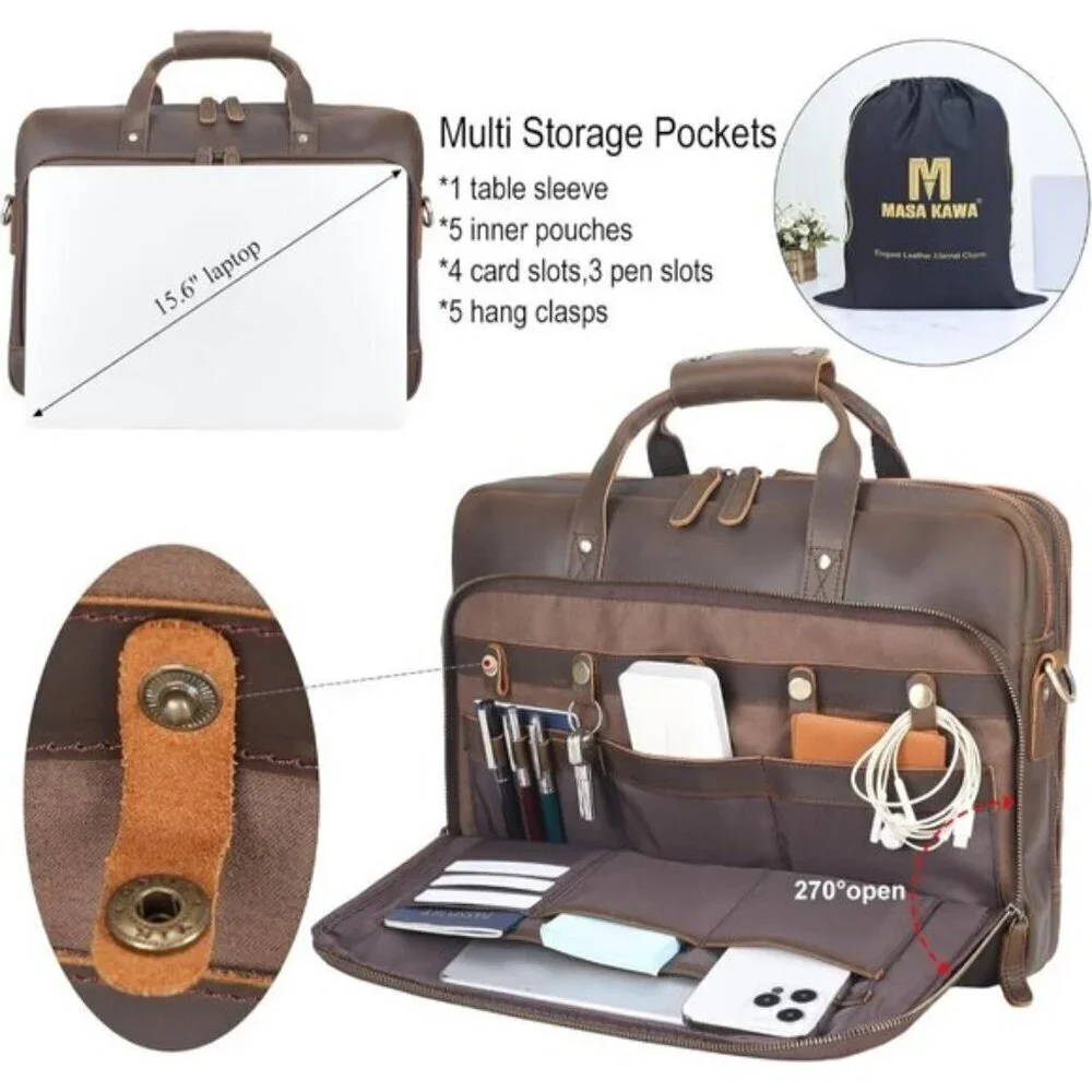 ⚡Men Deep Brown Fits 15.6 Inch Laptop Crossbody Bag Attached Leather Briefcase